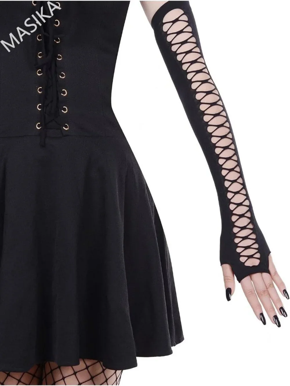 Women's Black Ladder Cutout Long Arm Warmers Fingerless Gothic Cosplay Gloves